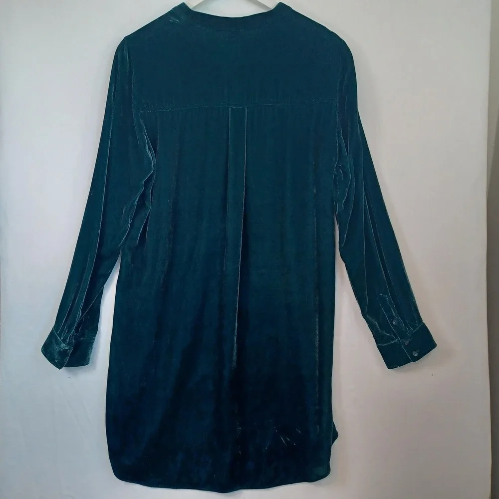 Eileen Fisher Velvet Mandarin Collar Button Front‎ Shirt Dress Size Sm Teal